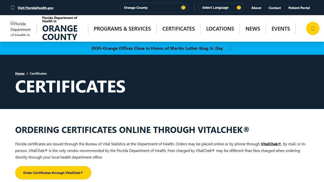 Certificates - Florida Department of Health in Orange County